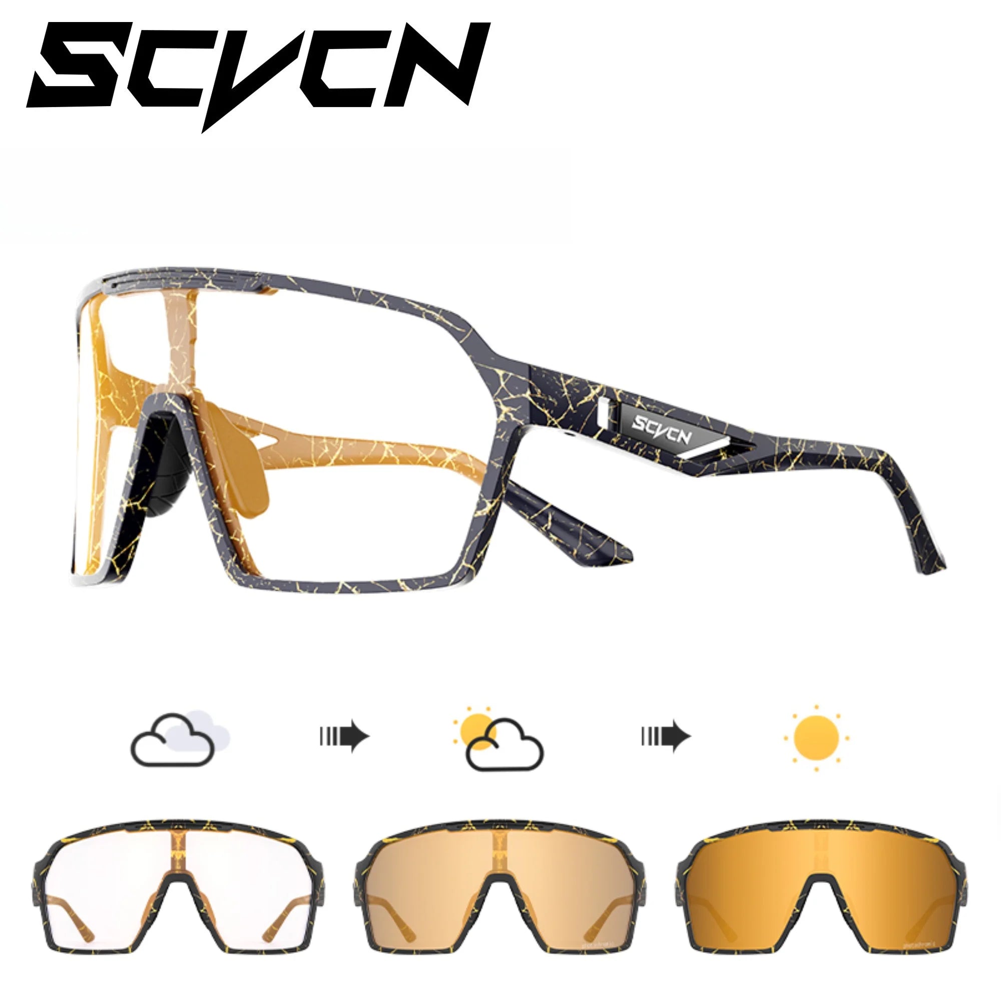 SCVCN UV400 cycling glasses with black and gold marble TR90 frame and photochromic lenses for outdoor sports and biking. Stylish design with full UV protection.