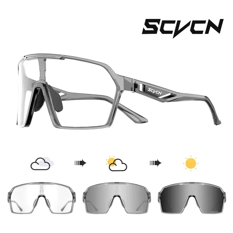SCVCN UV400 cycling glasses with transparent gray frame and adaptive gray lenses, built for outdoor sports, biking, and UV protection.