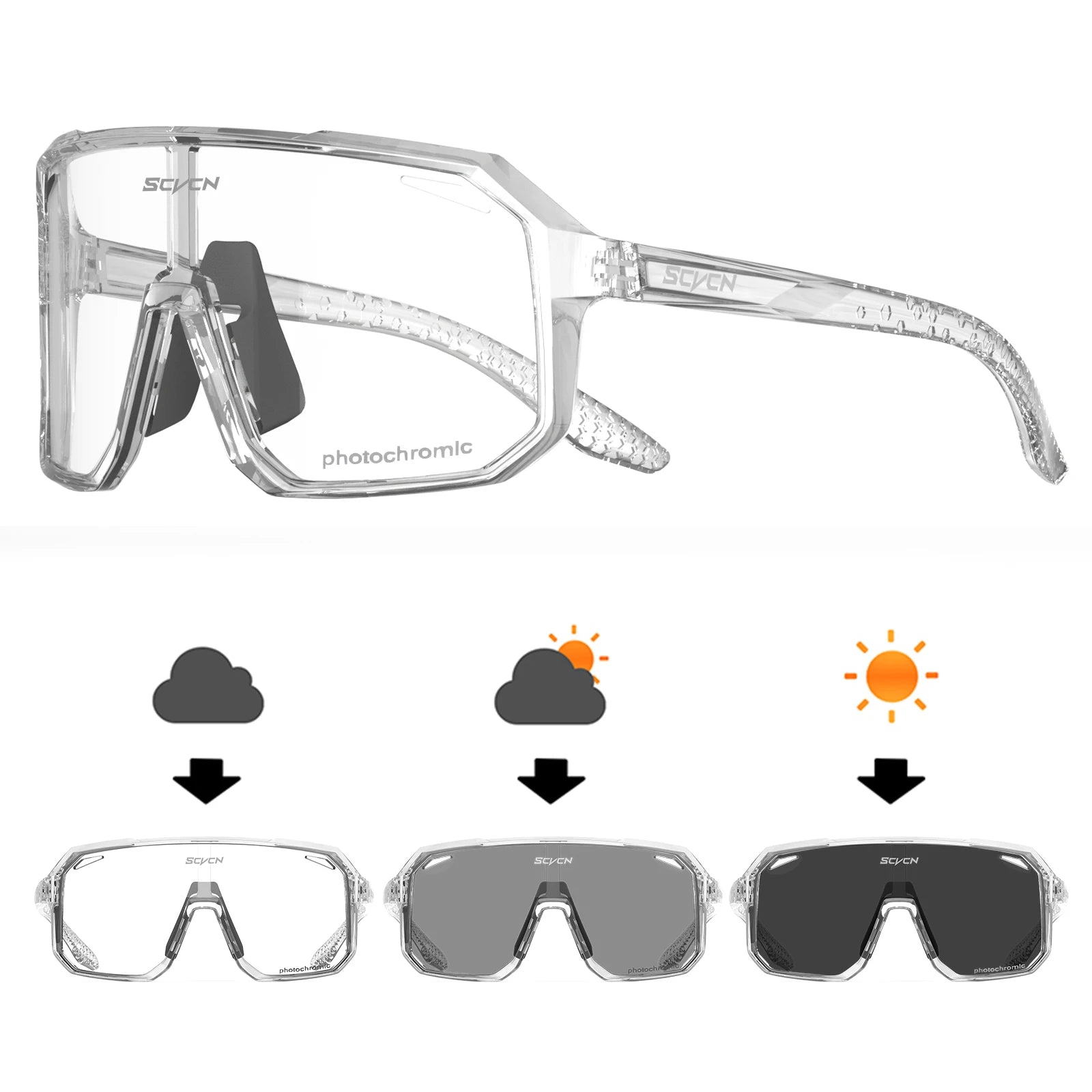 SCVCN Cycling Glasses with photochromic clear lenses and UV protection, ideal for outdoor sports and all-weather cycling use.