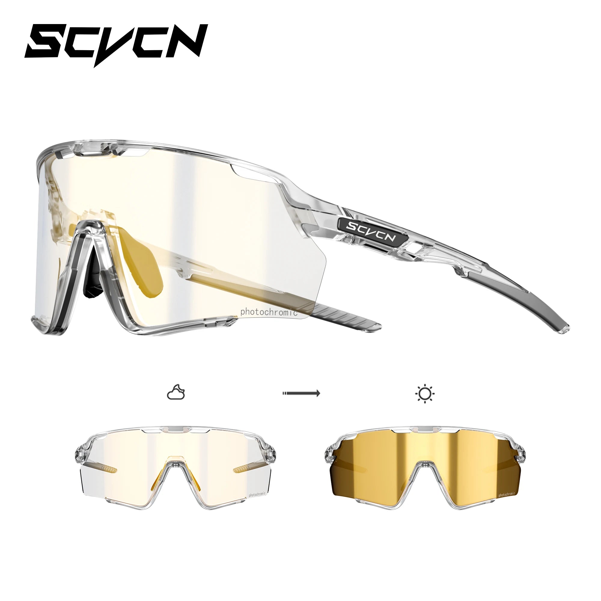 Photochromic cycling glasses with UV400 protection and clear-to-yellow adaptive lenses, perfect for all-weather sports and trail riding.