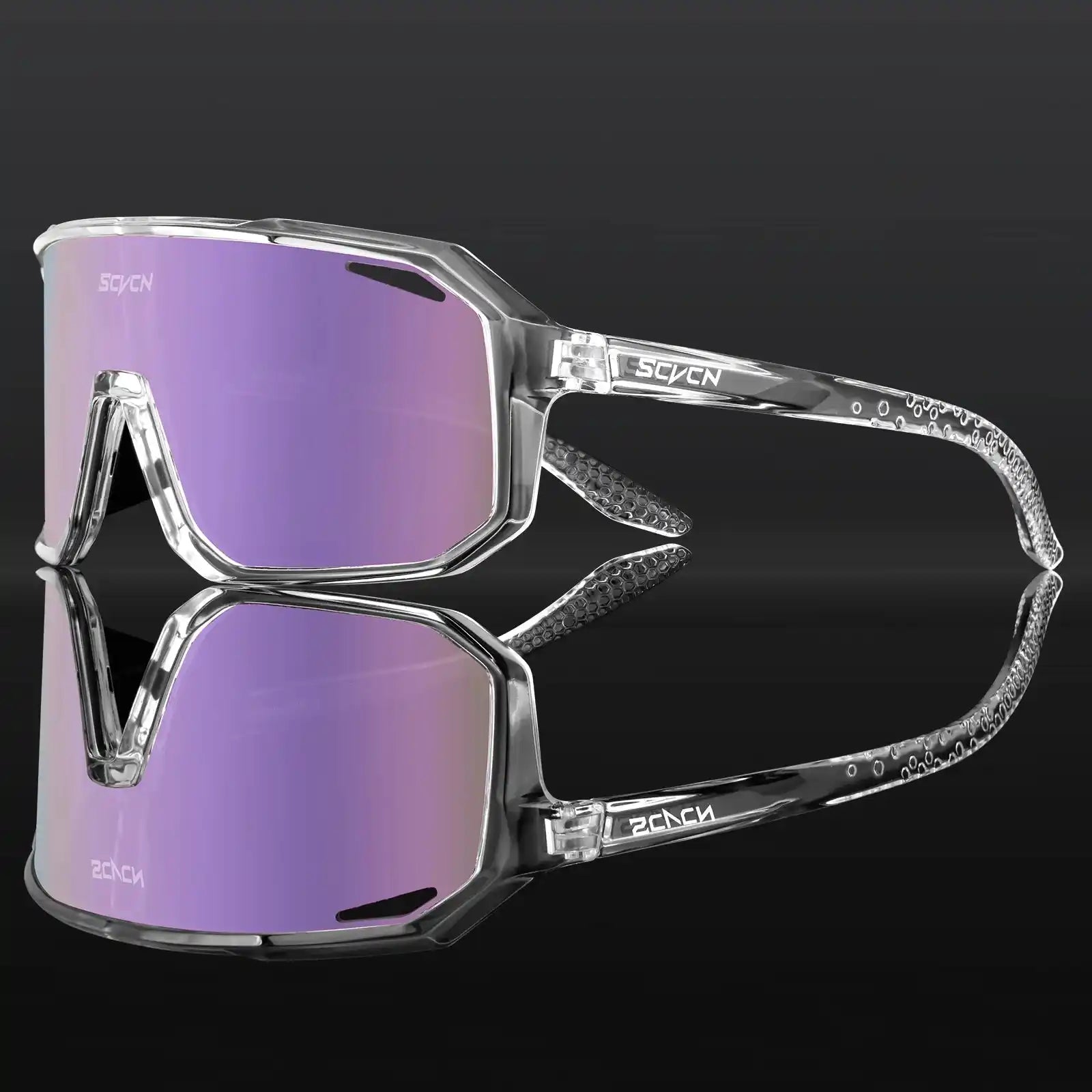 SCVCN Cycling Glasses with transparent frame and purple mirrored lenses, designed for UV protection and high-performance outdoor cycling.