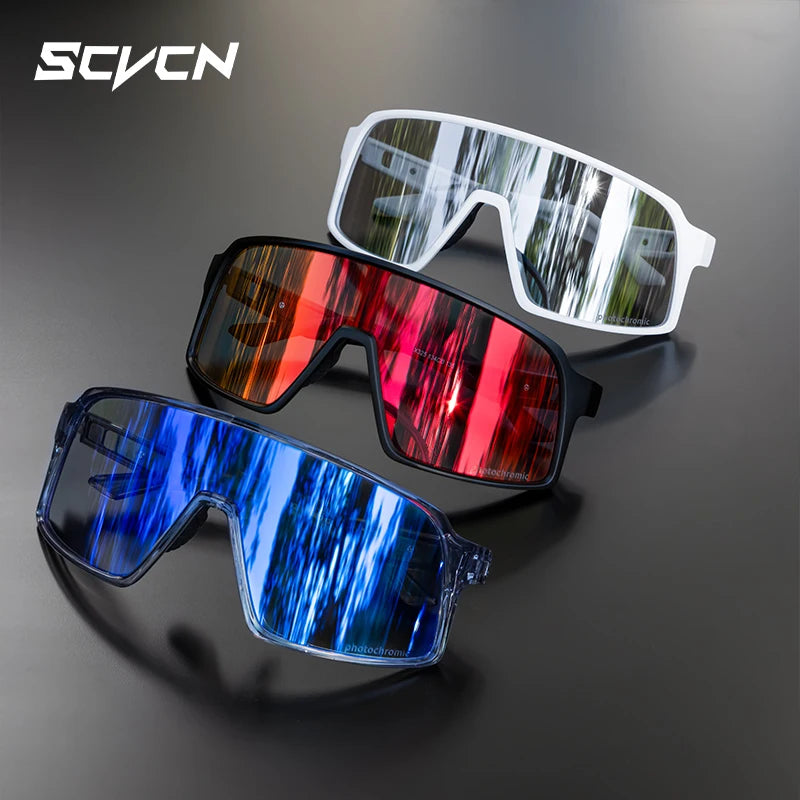 SCVCN cycling glasses in red, blue, and white frames with mirrored lenses, offering UV protection and lightweight design for outdoor sports.