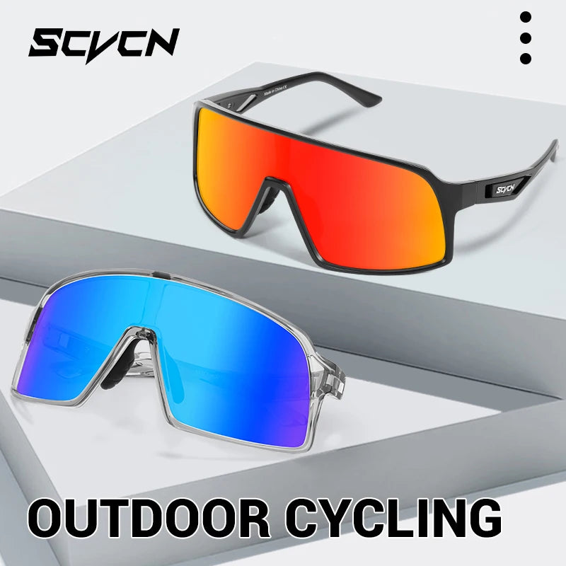 SCVCN Cycling Glasses in red and blue mirrored lenses, UV400 protection eyewear for outdoor cycling and sports enthusiasts.