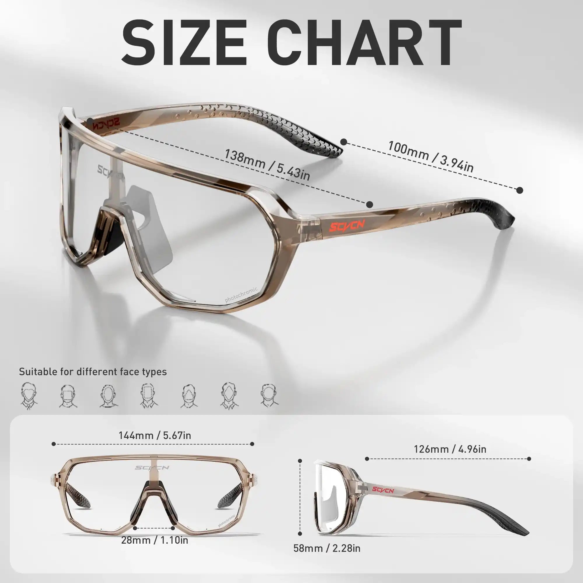 Size chart for photochromic cycling glasses with TR90 frame, showing dimensions and fit for various face shapes in outdoor sports use.