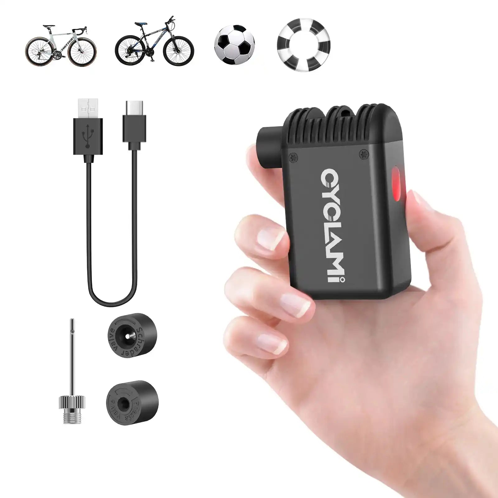 CYCLAMI Mini Plus cordless bike pump shown with accessories including USB cable and valve adapters, ideal for bicycles and sports balls.