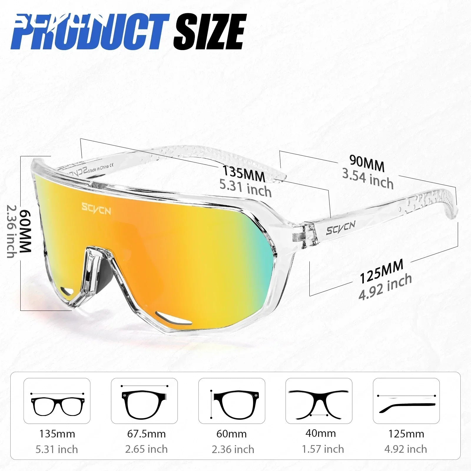 SCVCN Cycling Glasses with yellow lens and clear frame, featuring product dimensions for men and women. Ideal for high-performance cycling eyewear.