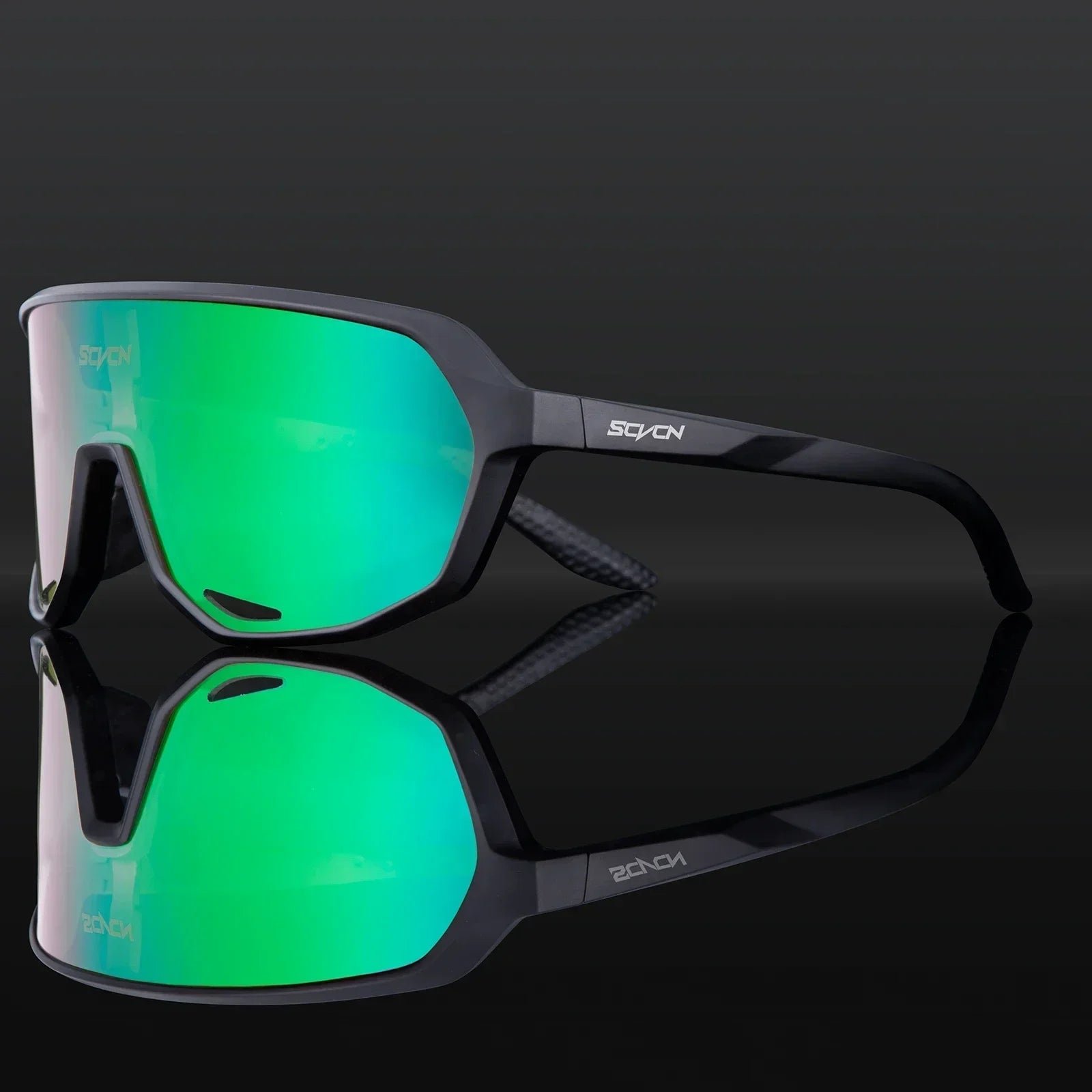 Buy SCVCN MTB Glasses featuring black TR90 frame and green UV protection lenses, perfect for mountain biking and UV glare reduction.