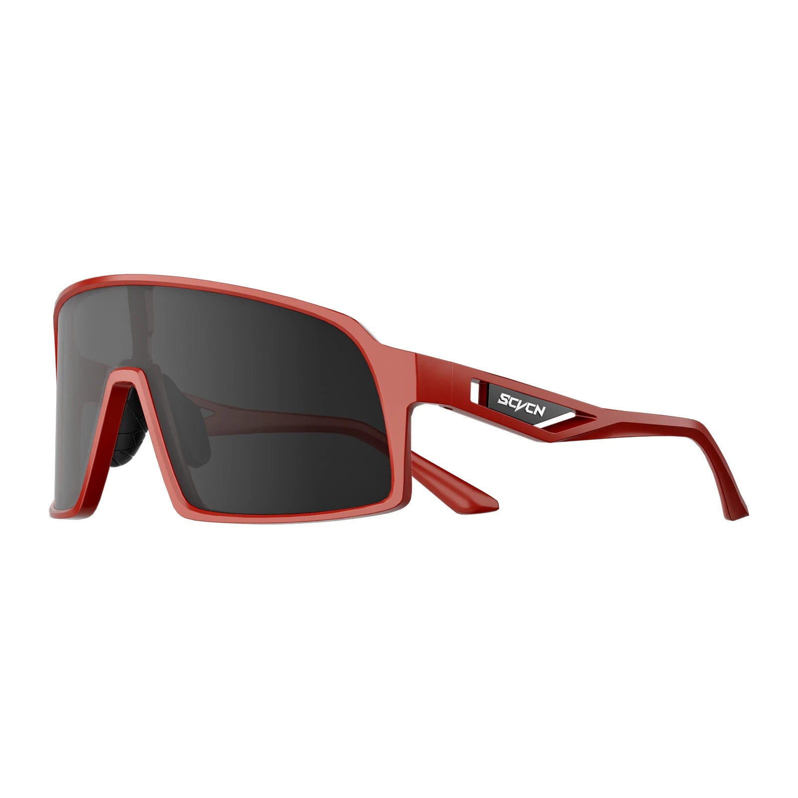 Red SCVCN Cycling Glasses with UV400 dark lens, offering windproof and sand protection for mountain biking and outdoor sports.