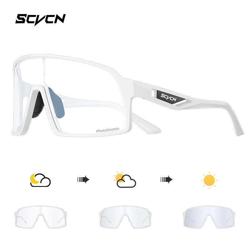 SCVCN Cycling Glasses in white with photochromic lenses, showing UV protection and light adaptive transition for all weather cycling.