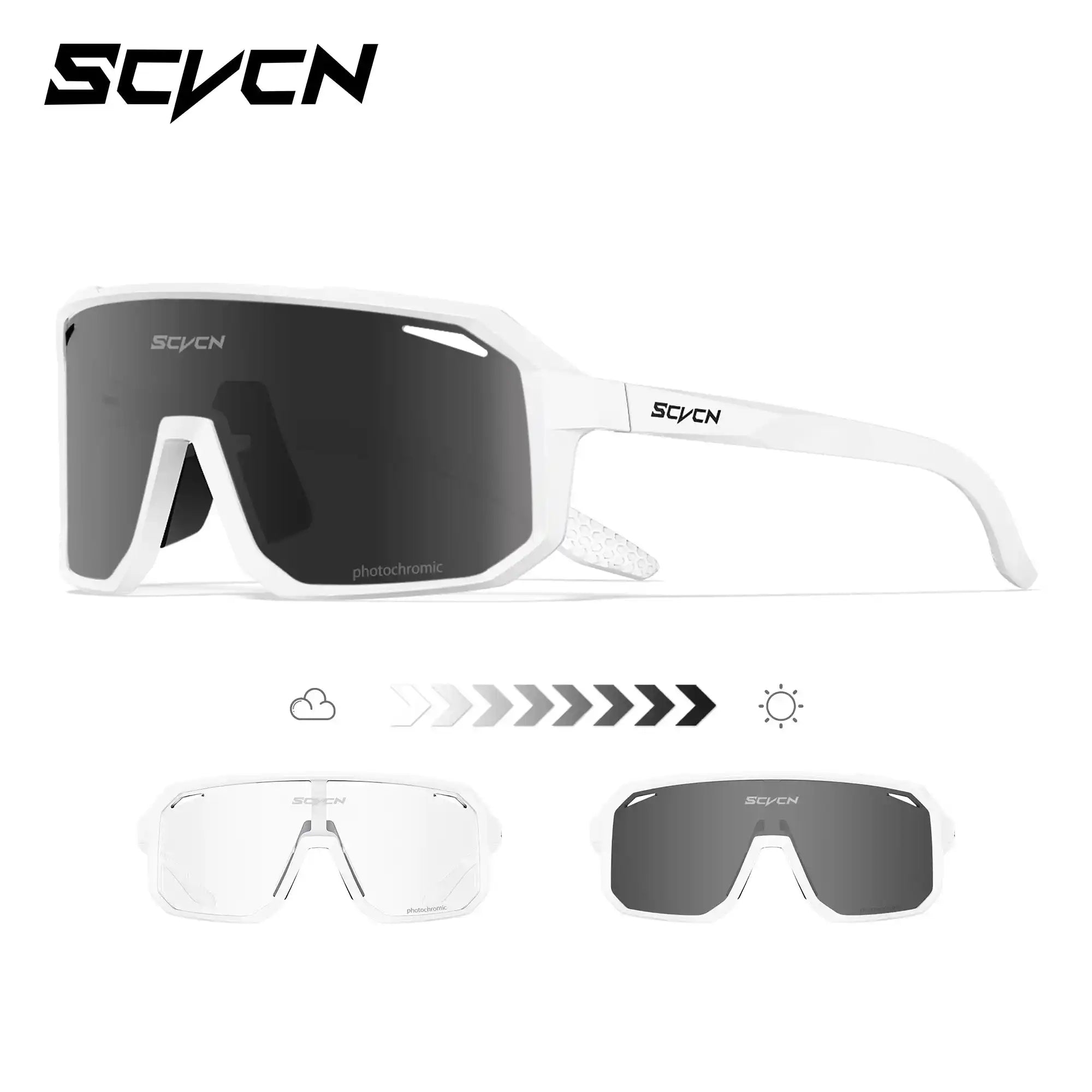 White photochromic cycling glasses with UV400 protection and flexible fit, ideal for MTB and outdoor sports. Lenses adapt from clear to dark.