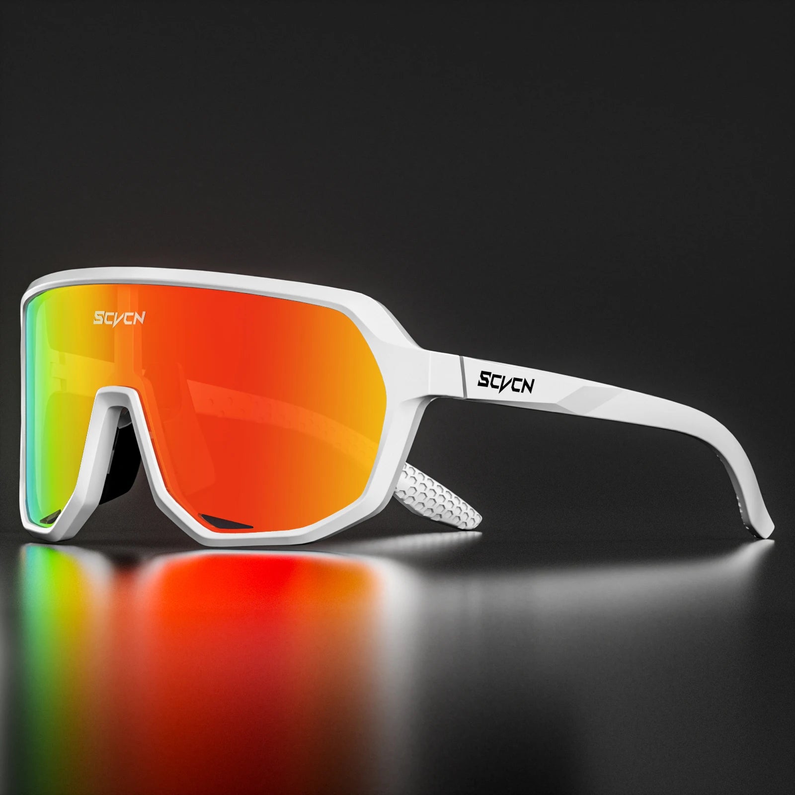 SCVCN cycling glasses with UV400 protection in white frame and red-orange mirrored lenses, built for impact resistance and road biking.