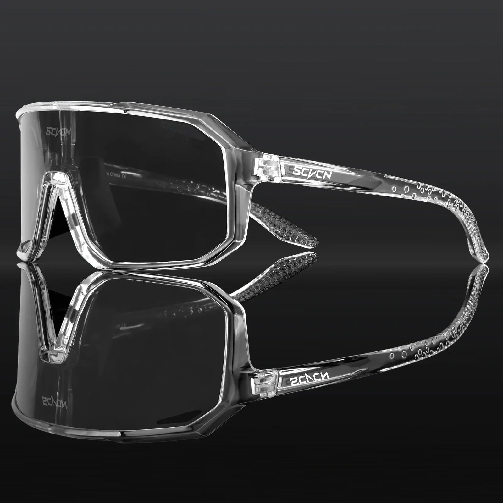 SCVCN Cycling Glasses with transparent frame and clear lens, offering impact resistance and UV protection for both men and women cyclists.