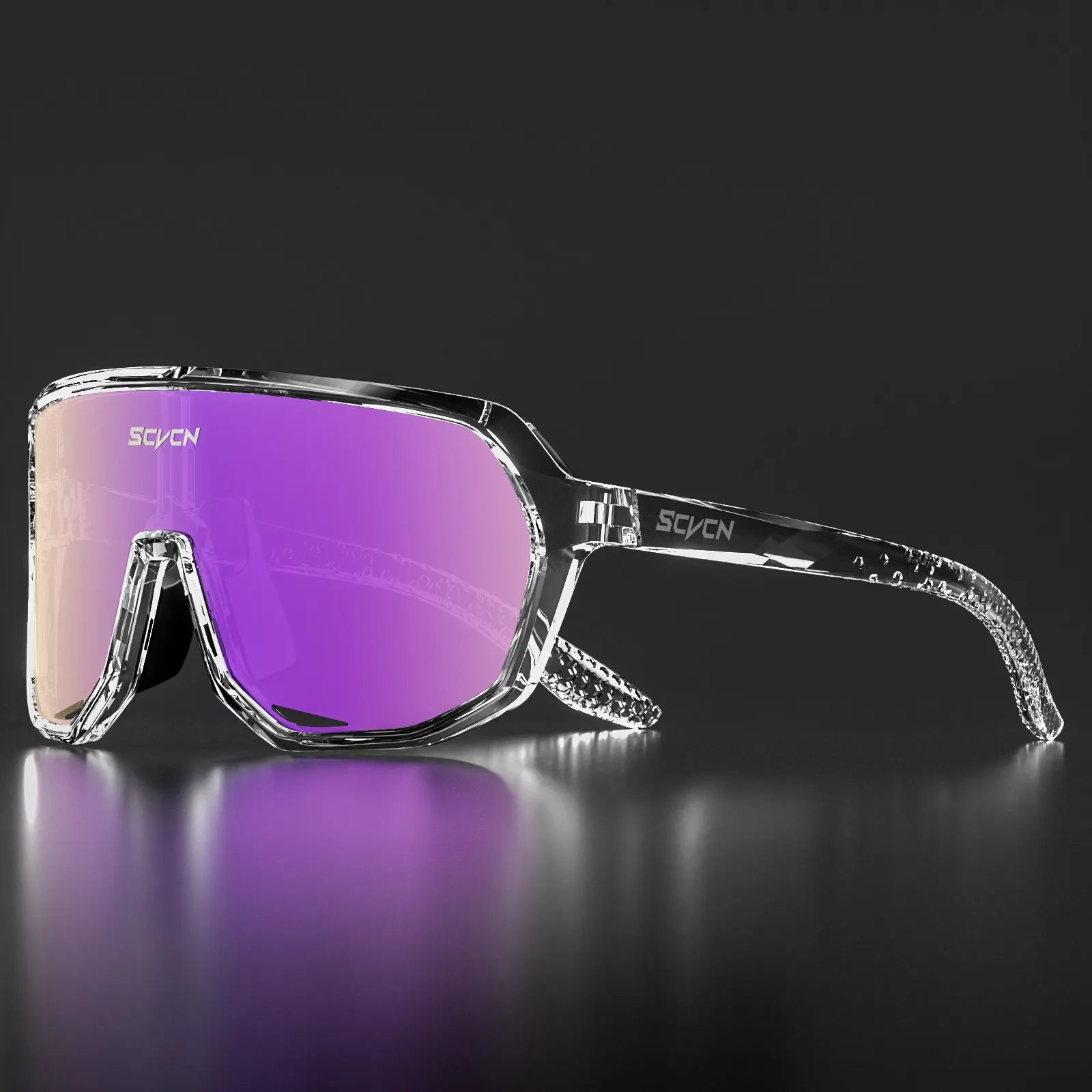SCVCN cycling glasses with UV400 protection in clear frame and purple lenses, ideal for high-performance outdoor sports and cycling visibility.
