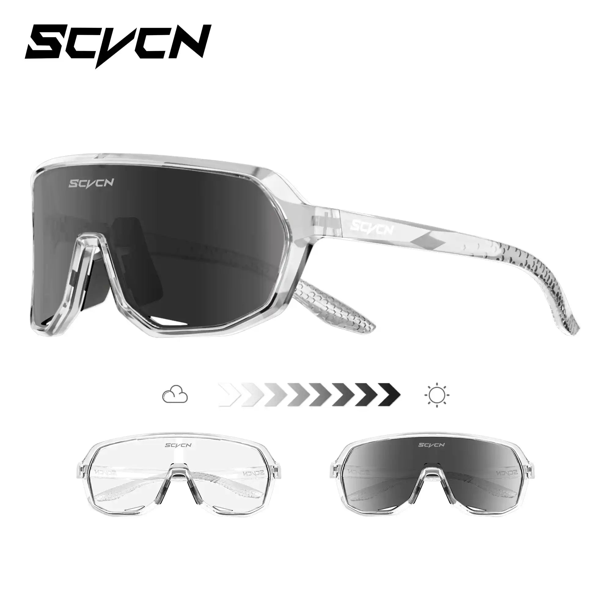 Cycling sunglasses with transparent frame and adaptive UV400 lenses, transitioning from clear to dark for all-weather riding.