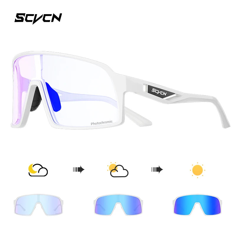 White SCVCN Cycling Glasses with purple-tinted photochromic lenses, offering UV400 protection and adaptive light filtering for cycling and outdoor use.