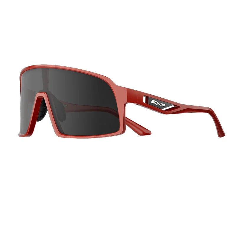 SCVCN red cycling sunglasses with dark lenses, offering impact resistance and anti-slip nose pads for mountain biking and hiking.