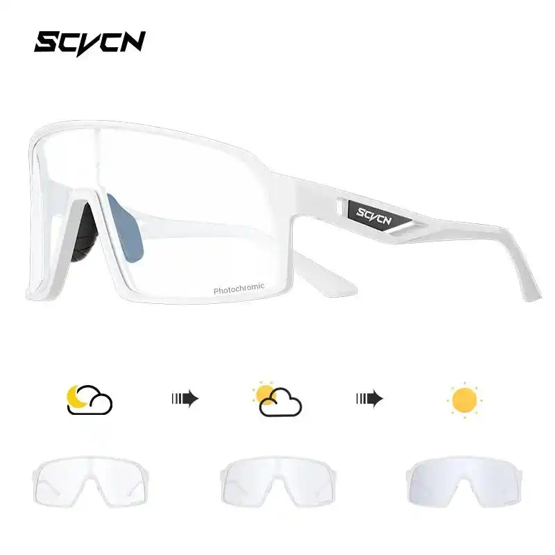 White frame UV400 cycling glasses with clear to dark photochromic lenses, offering impact resistance and UV protection for all-weather cycling.