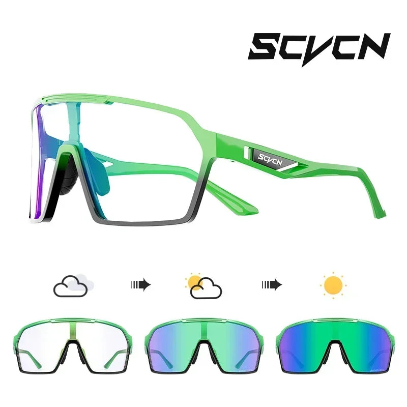 SCVCN UV400 cycling glasses in green with photochromic lenses transitioning from clear to dark. Ideal for biking and outdoor sports protection.