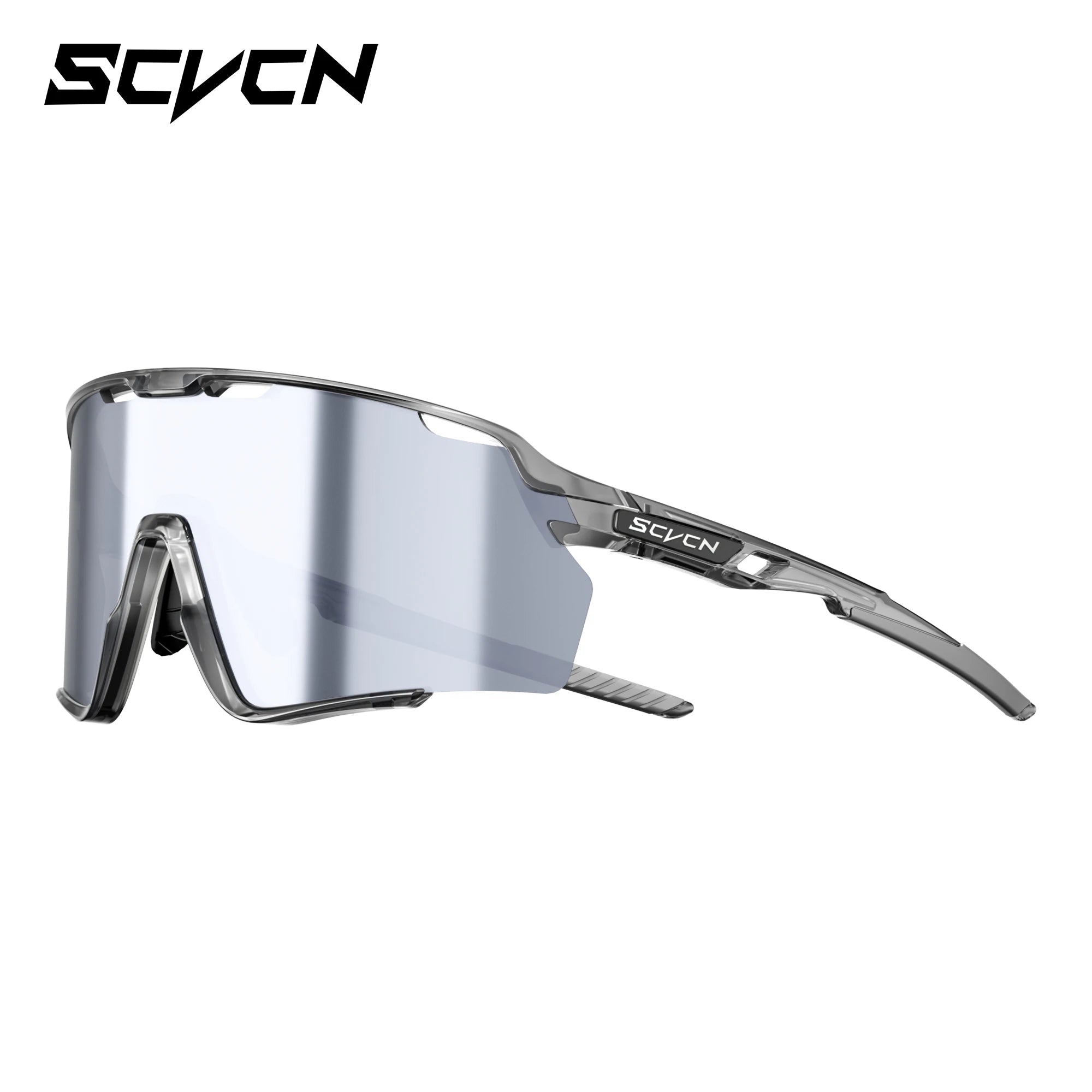 Lightweight cycling glasses with silver mirrored UV400 lens and adjustable arms, suitable for road biking and windproof outdoor sports.