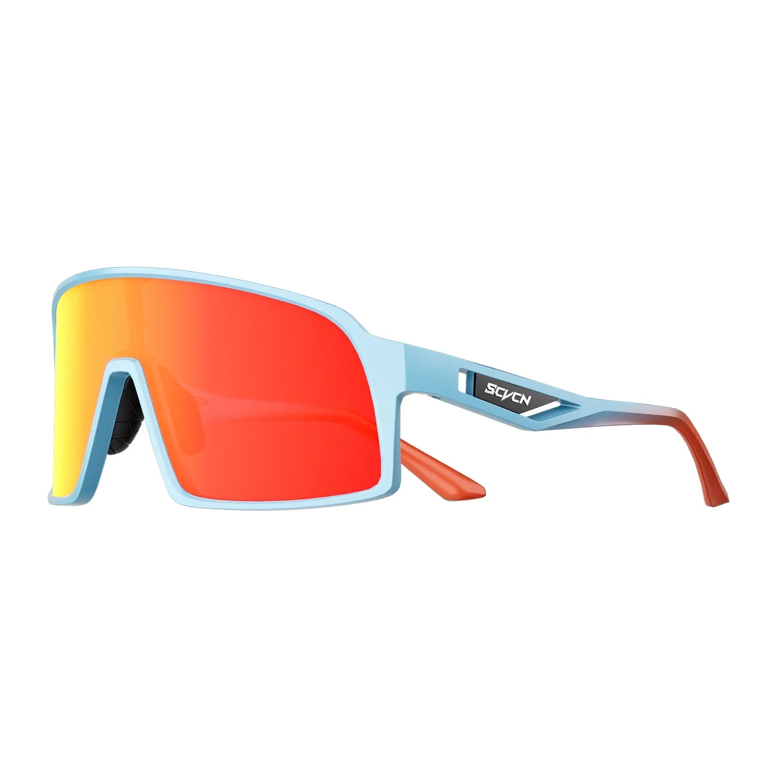 SCVCN Cycling Glasses with UV400 protection in light blue and orange frame featuring red mirrored lens, perfect for high-impact cycling and sports.
