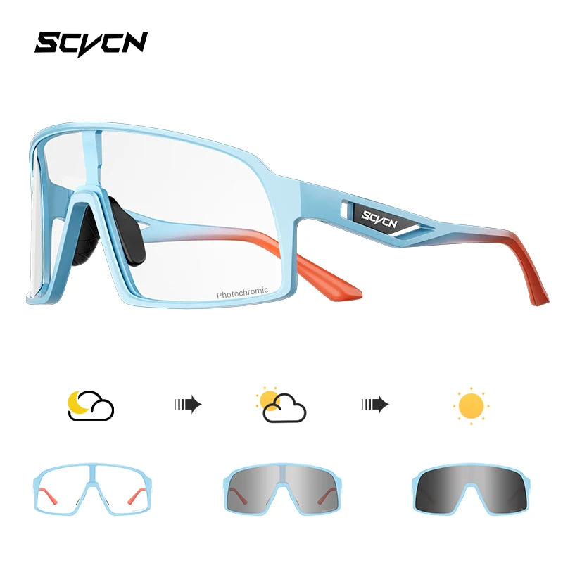 SCVCN Cycling Glasses in blue with red tips, featuring photochromic lenses for UV protection and light adaptation, ideal for biking and outdoor sports.