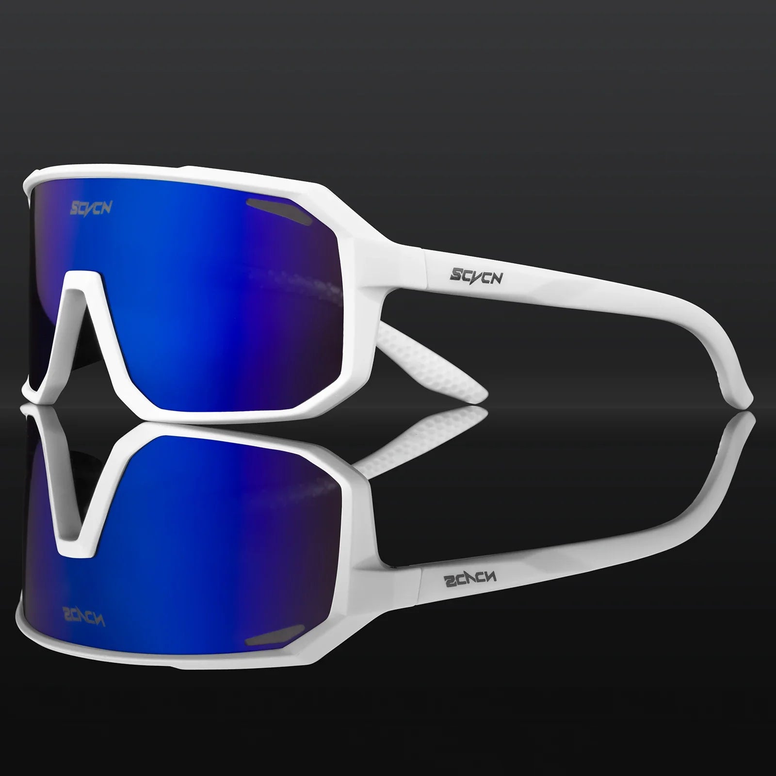 SCVCN cycling glasses with white TR90 frame and blue mirrored lens, lightweight and anti-slip for men’s and women’s mountain biking.