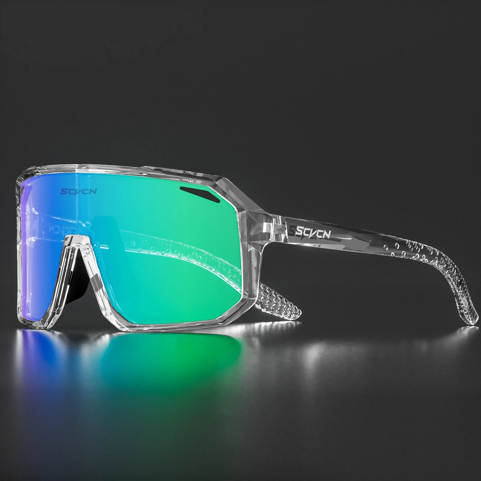 SCVCN clear frame cycling glasses with green-blue mirrored lenses, lightweight and impact-resistant eyewear for outdoor UV protection.