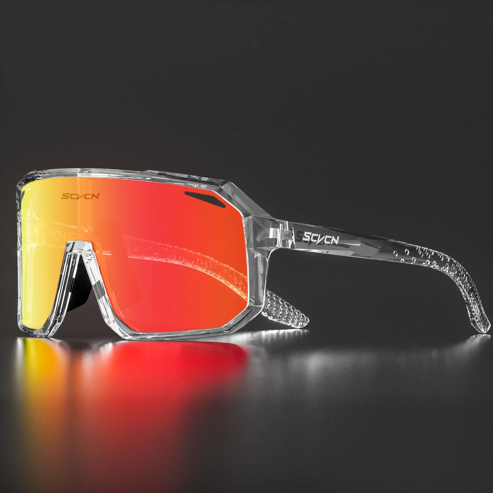 SCVCN Cycling Glasses with transparent TR90 frame and red mirrored lenses, designed for high-performance UV protection in cycling and outdoor sports.
