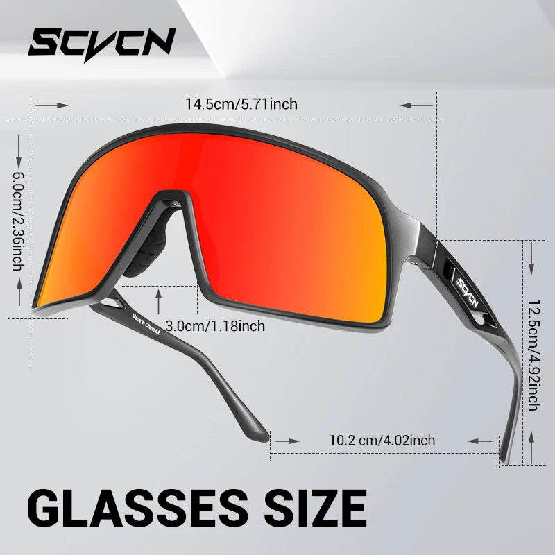 SCVCN Cycling Glasses with UV400 protection featuring red mirrored lens and TR90 frame, shown with detailed size dimensions for sports use.