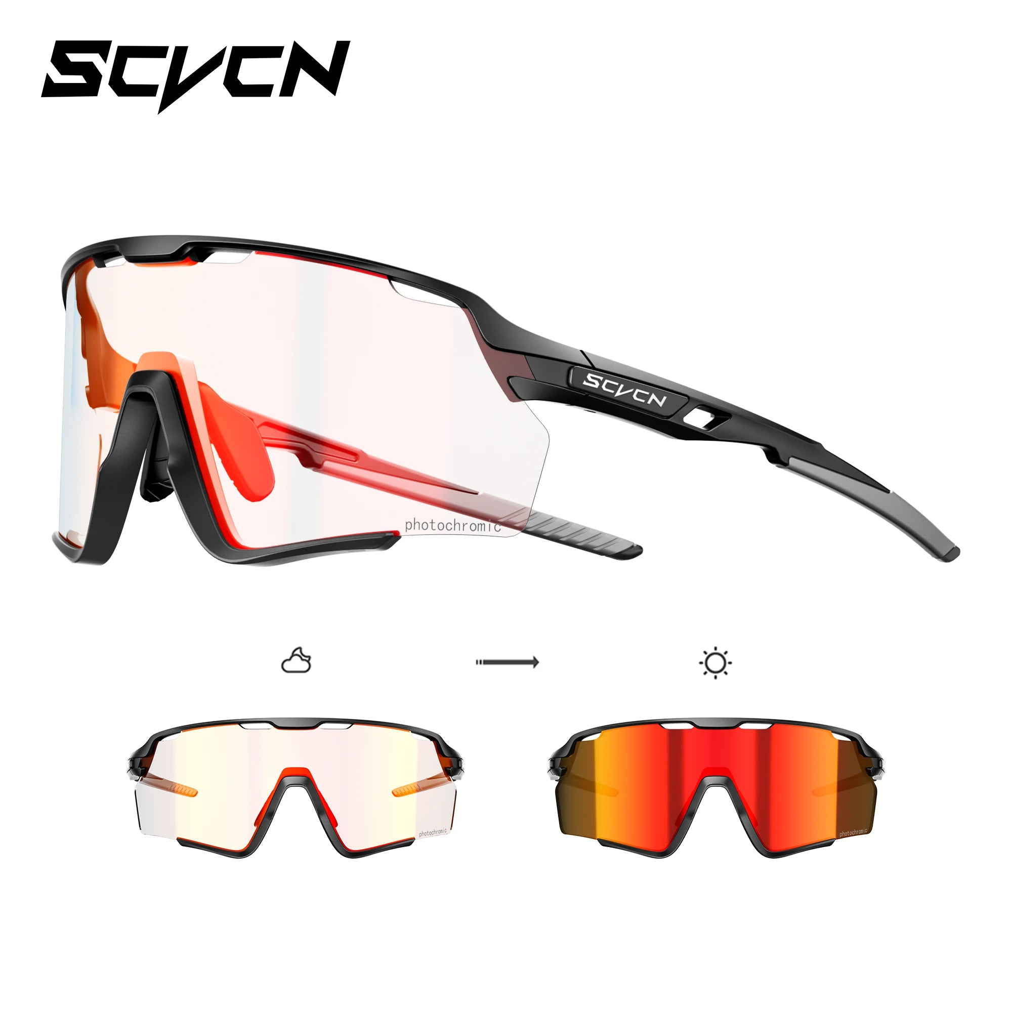 Photochromic cycling glasses with black TR90 frame and UV400 lenses, transitioning from clear to dark for all-weather outdoor sports performance.