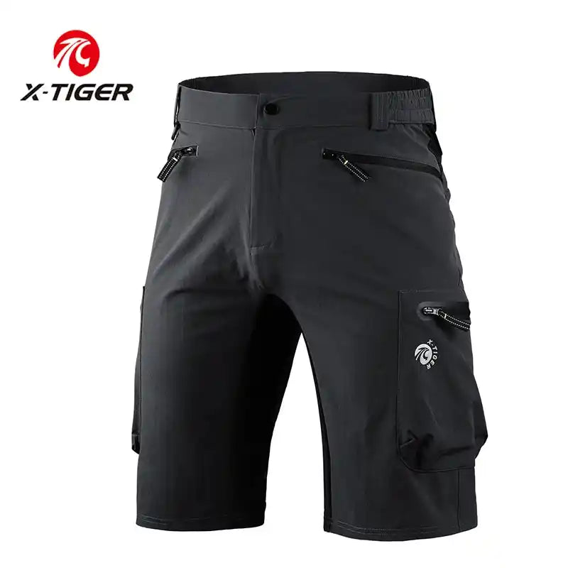 Black X-TIGER mountain cycling shorts waterproof with breathable fabric and loose fit, ideal for mountain biking and outdoor sports.