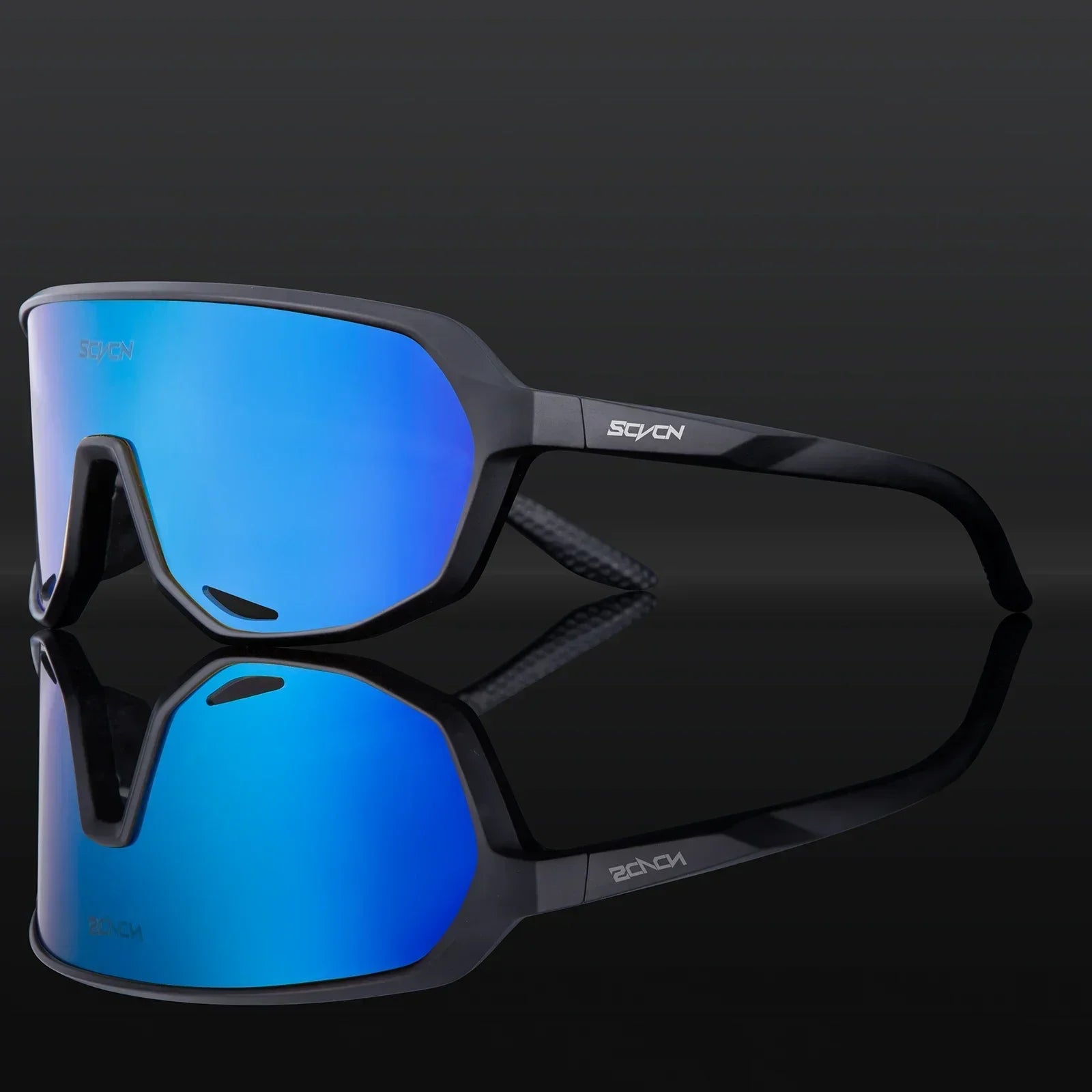 Black SCVCN MTB Glasses with blue mirrored UV400 lenses. High-performance cycling eyewear for men and women, designed for wind and sun protection.
