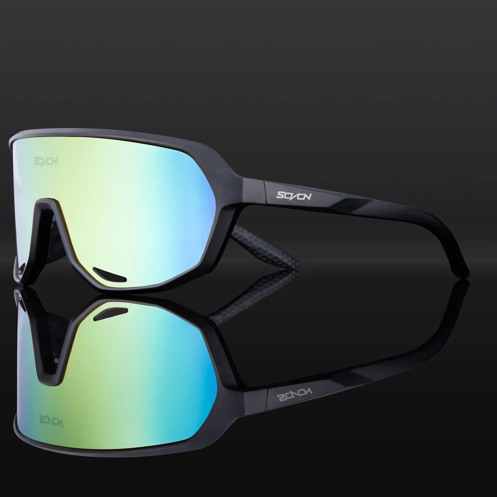 Buy SCVCN MTB Glasses in matte black with reflective blue-green UV400 lens, ideal for cycling, hiking, and outdoor sports protection.