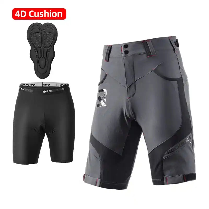 Gray ROCKBROS Bike Shorts Men Cycling MTB Road with 4D cushion liner, offering breathable comfort and shock absorption for summer rides.