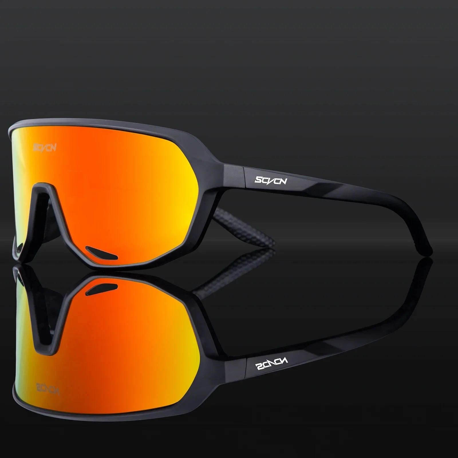 SCVCN MTB cycling sunglasses with UV protection and orange mirrored lens, designed for outdoor sports with lightweight black TR90 frame.