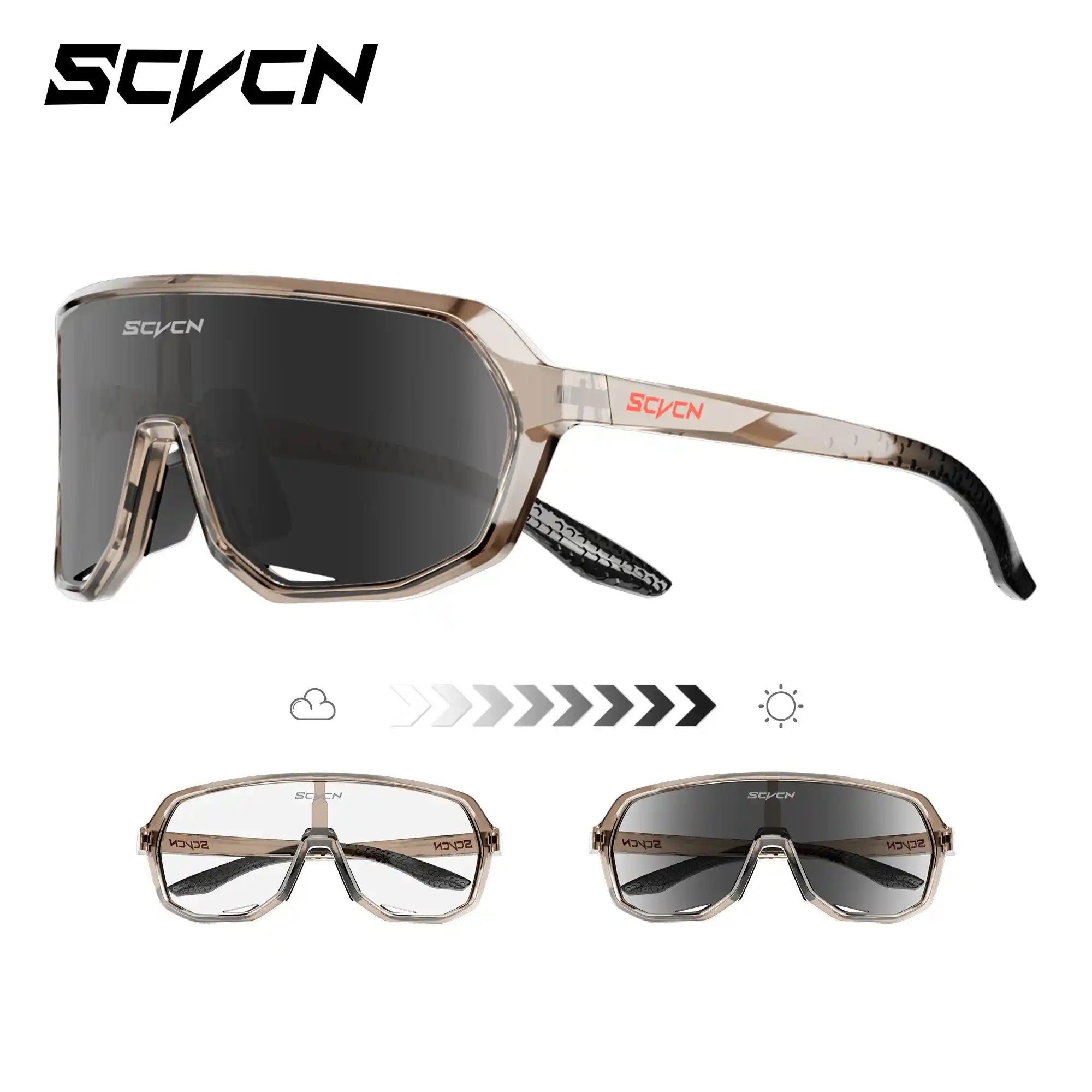 Beige photochromic cycling sunglasses with UV400 protection and TR90 frame, designed for mountain biking and outdoor sports versatility.