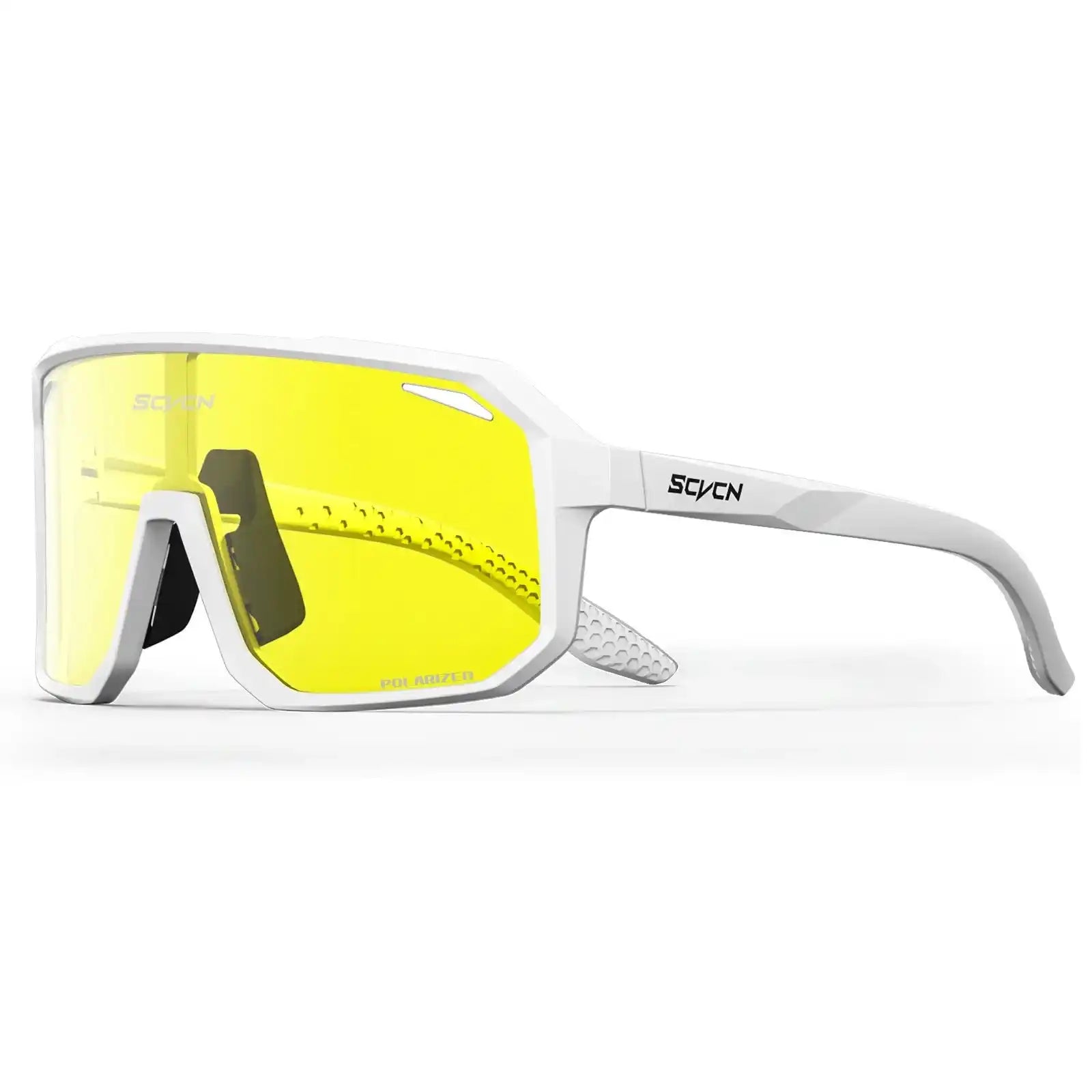 SCVCN Polarized Cycling Glasses in white frame with yellow UV400 lenses, designed for high-performance outdoor sports and eye protection.