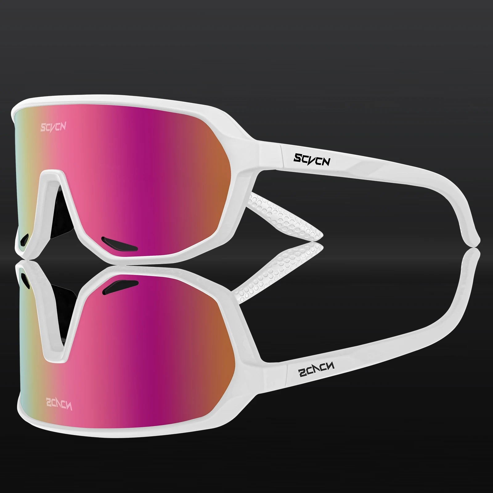 SCVCN cycling glasses with white TR90 frame and pink mirrored lens, designed for men and women. Lightweight eyewear ideal for road and trail biking.
