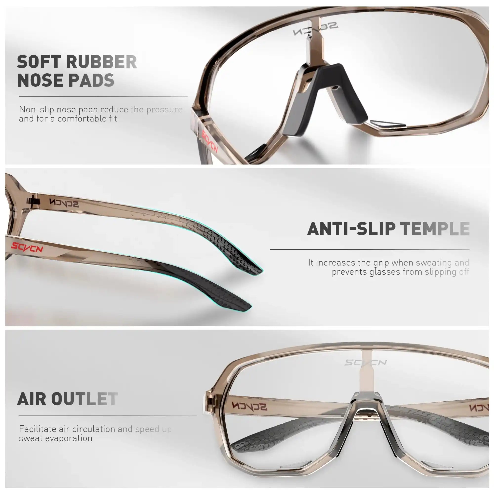 Photochromic cycling glasses with soft rubber nose pads, anti-slip temples, and air outlet design for UV400 protection and comfort fit.