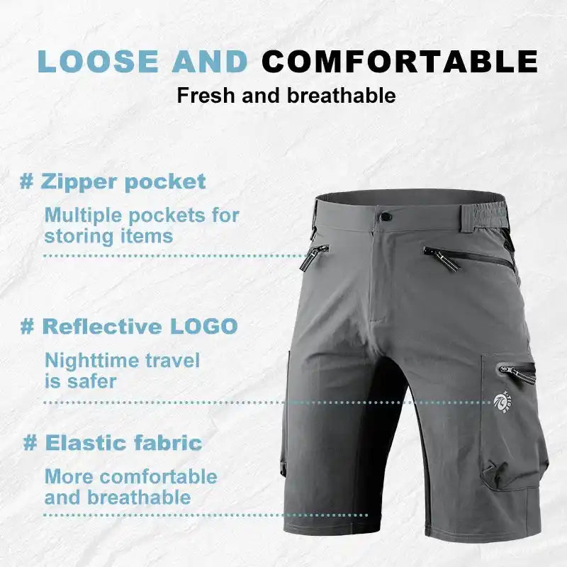 Gray X-TIGER waterproof MTB shorts featuring zipper pockets, reflective logo, and breathable elastic fabric for cycling comfort.