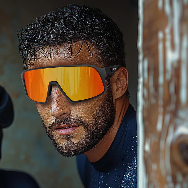 SCVCN Cycling Glasses with orange mirrored lenses worn by male cyclist, offering UV protection and wind resistance for outdoor biking.