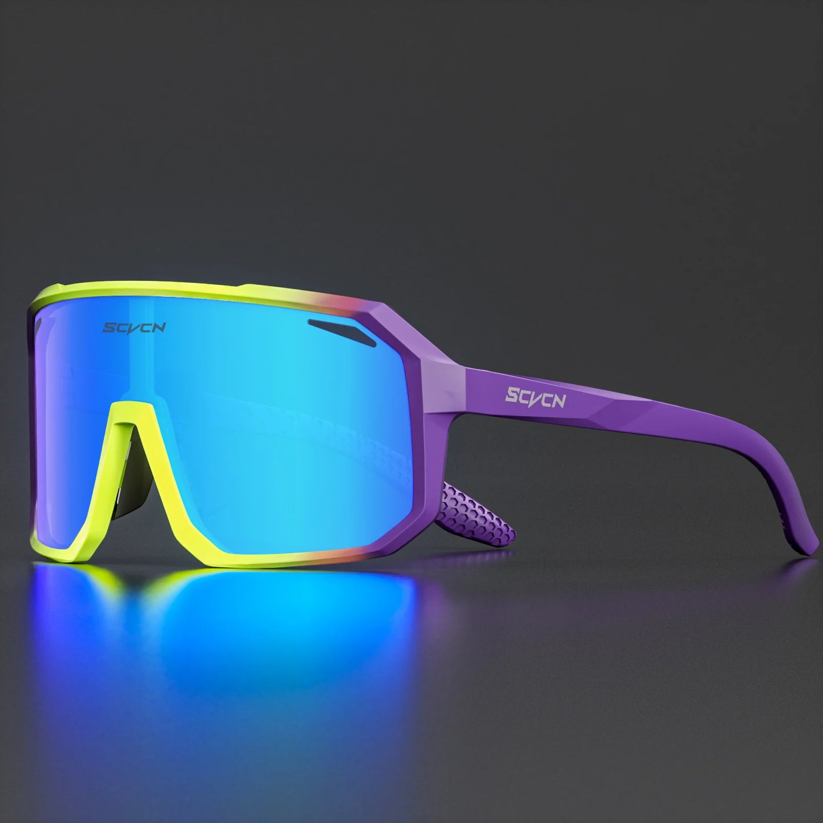 SCVCN Cycling Glasses featuring blue mirrored lenses and a purple-yellow frame, ideal for UV protection during cycling and outdoor activities.