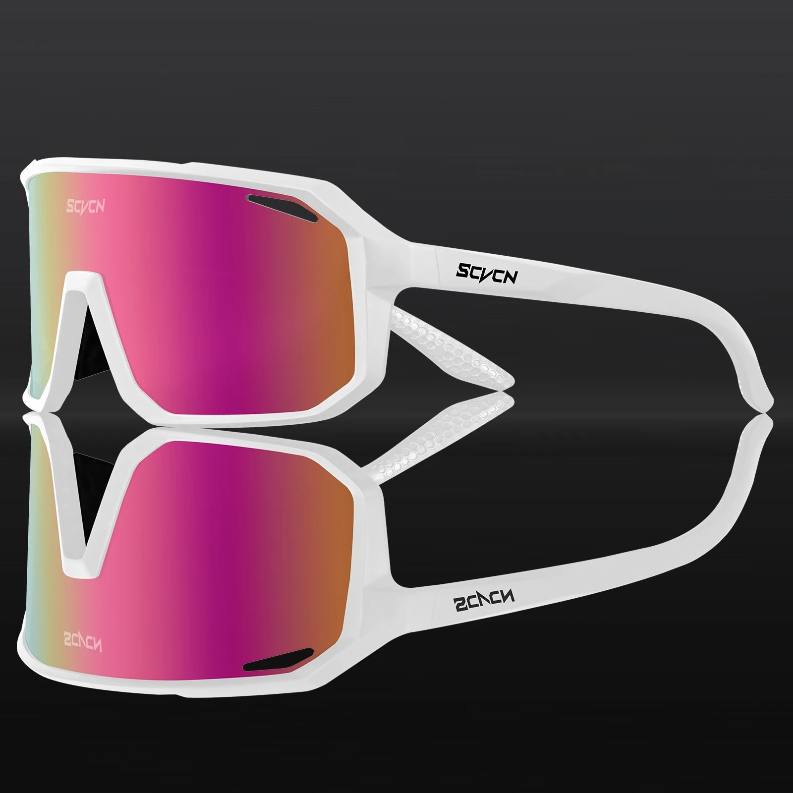 SCVCN Cycling Glasses with white frame and red-orange lens, built for high-performance cycling. All-weather eyewear for men and women cyclists.