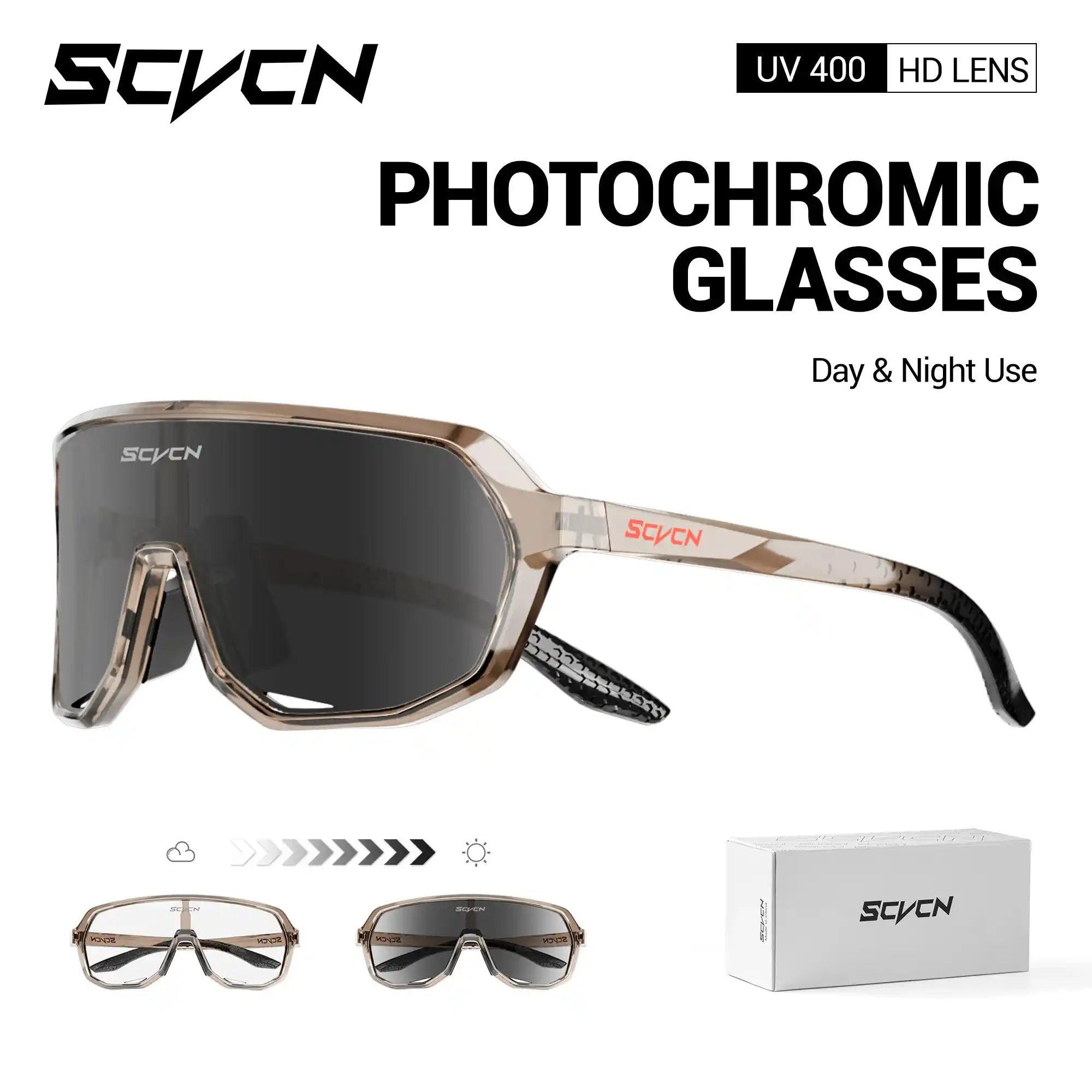 Photochromic cycling glasses with UV400 protection and HD lenses, featuring a TR90 frame and anti-slip nose pads for MTB and road biking.
