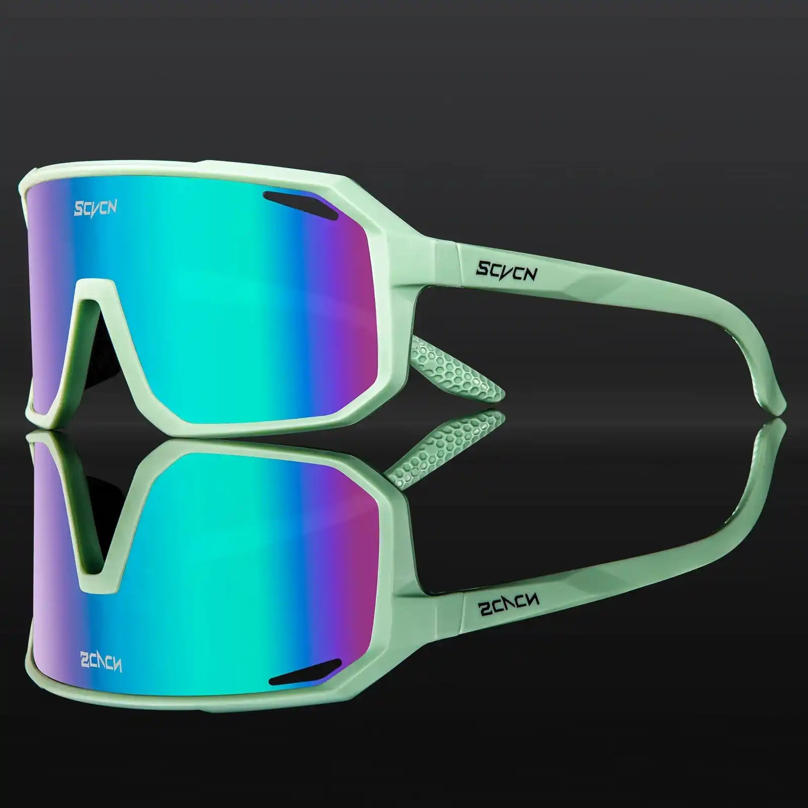 SCVCN mint green cycling glasses with reflective blue lenses, designed for UV protection and wind resistance in outdoor cycling.