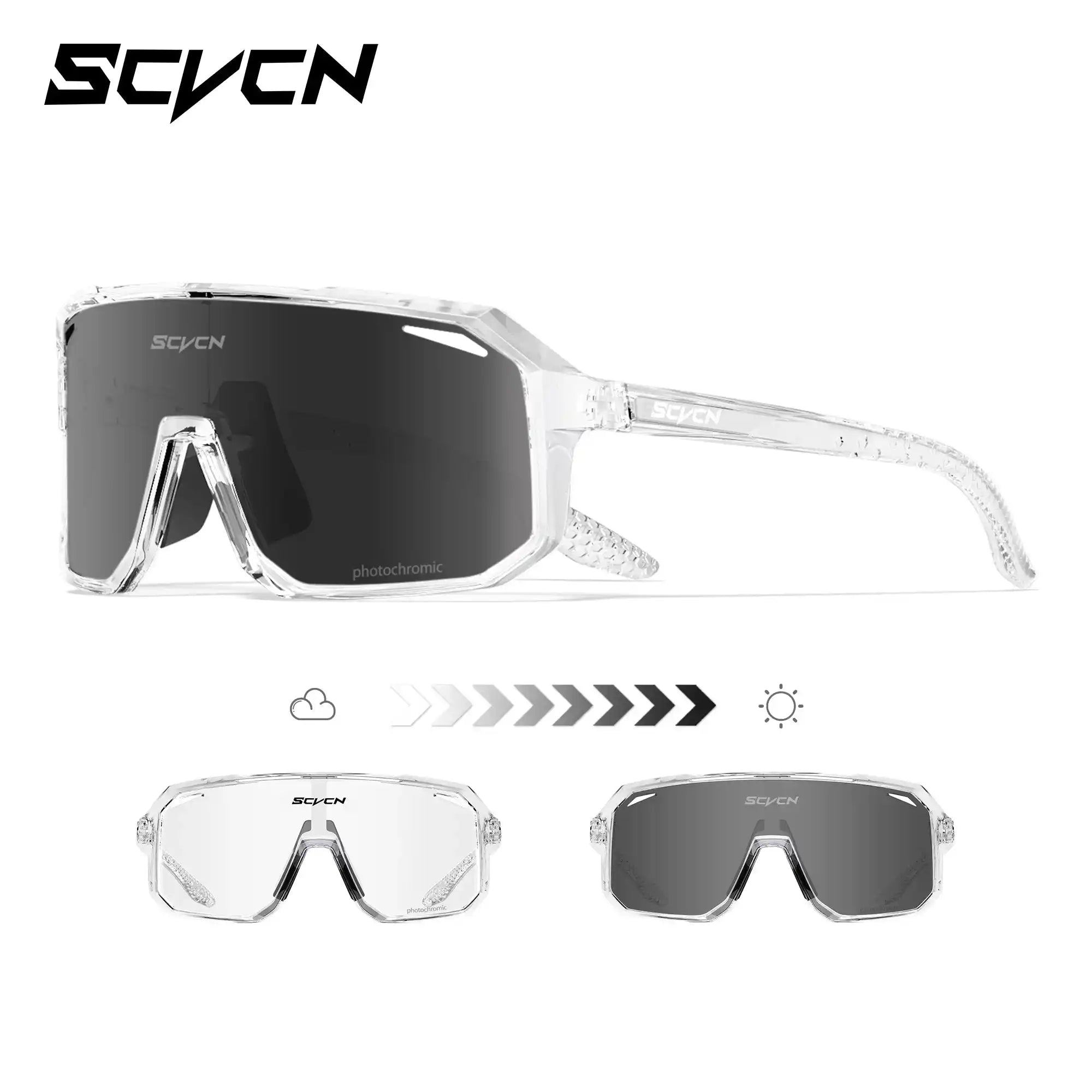 Clear frame photochromic cycling glasses with UV400 lenses that darken in sunlight, ideal for MTB and outdoor sports use.