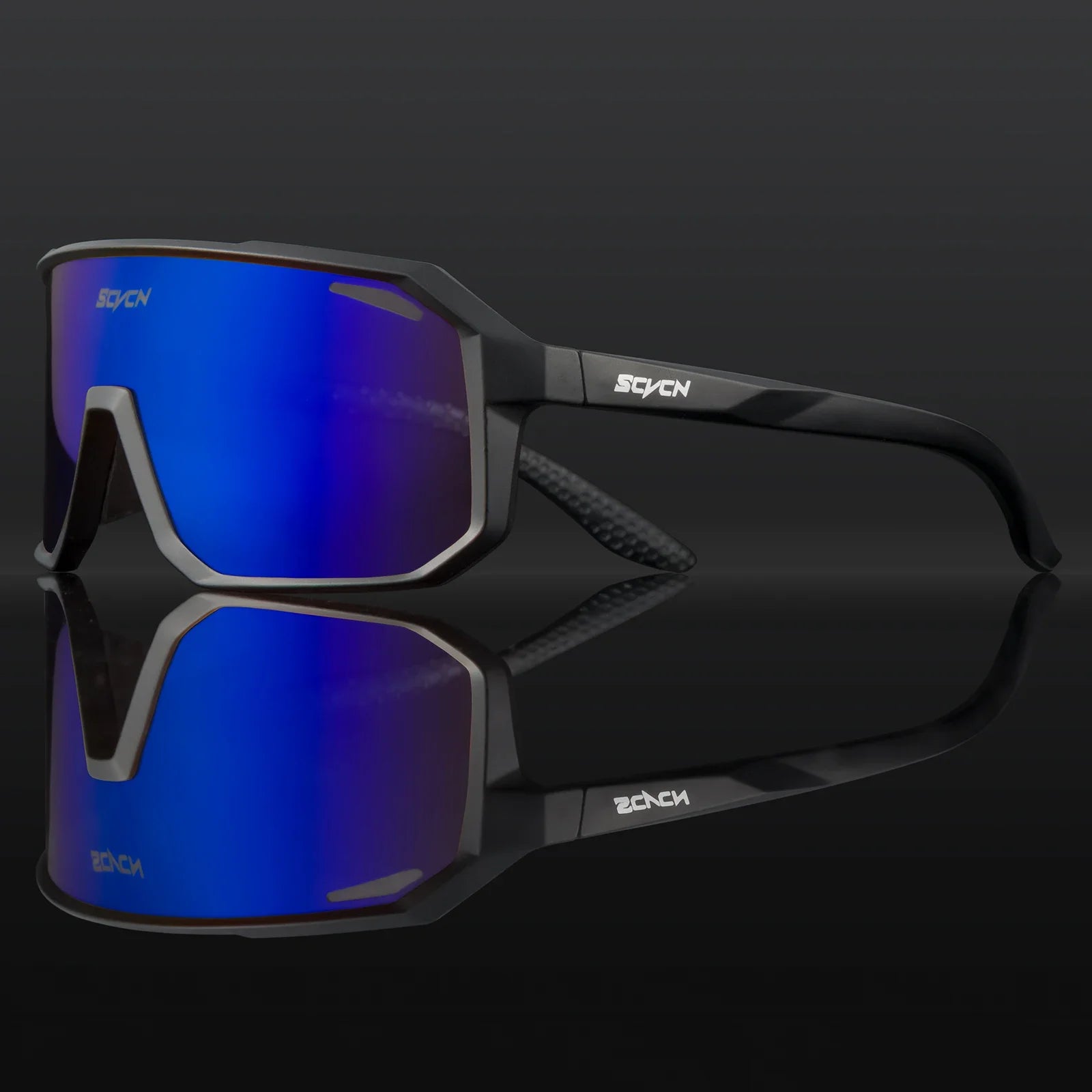 SCVCN Cycling Glasses in matte black with blue mirrored lens, built for men and women. Windproof and anti-slip design for road and MTB cycling.