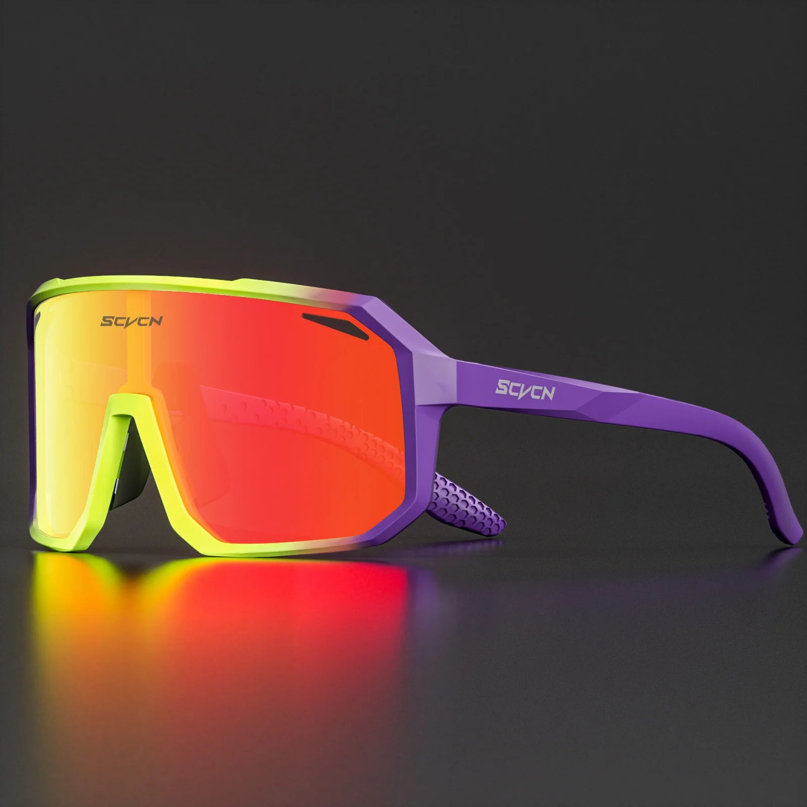 SCVCN Cycling Glasses with red mirrored lenses and purple-yellow TR90 frame for UV protection and outdoor sports performance.