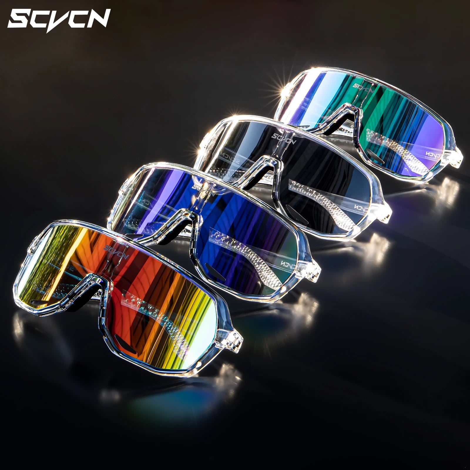 SCVCN UV400 cycling glasses in four color variants with mirrored lenses and transparent frames, designed for all-weather outdoor sports use.