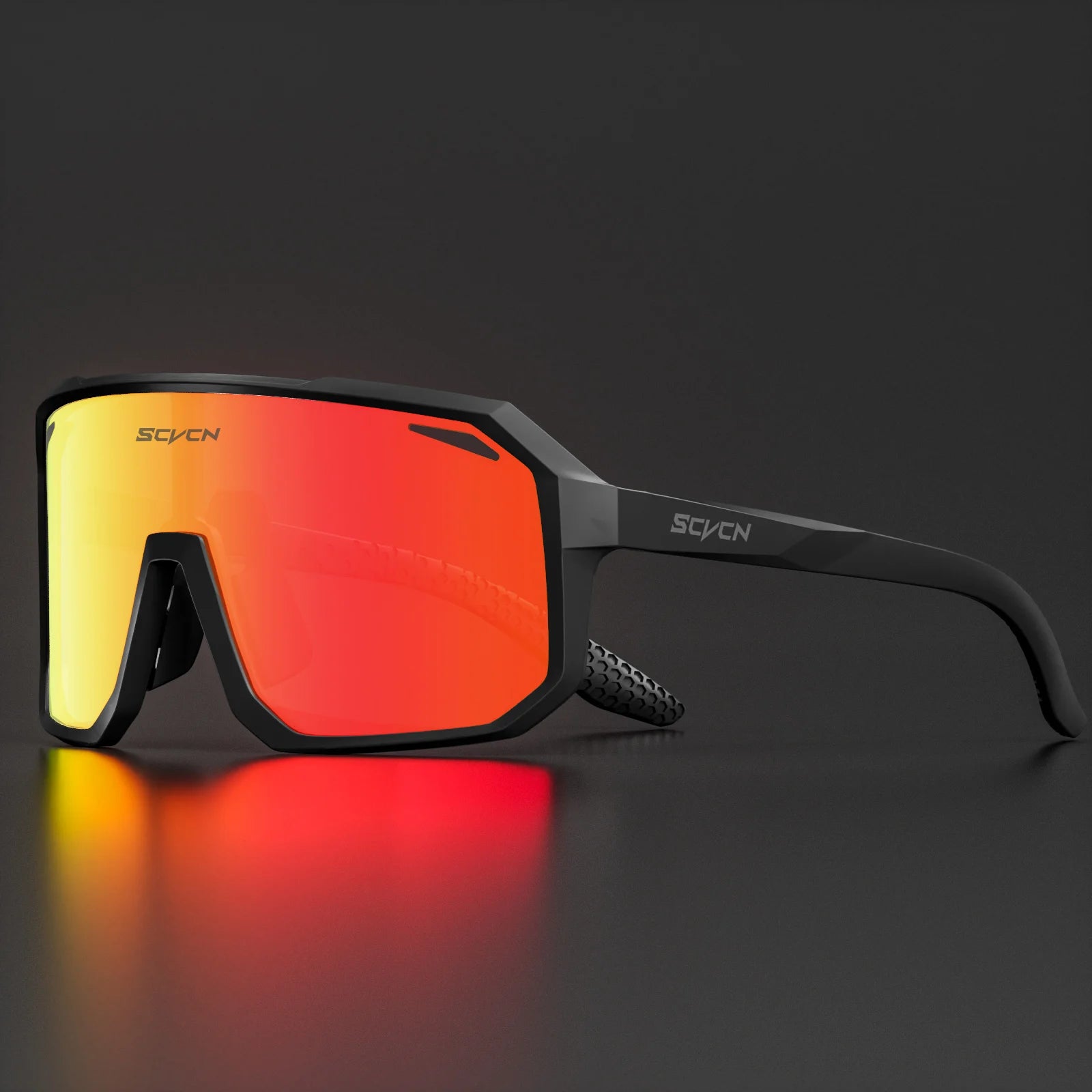 SCVCN Cycling Glasses in matte black with red mirrored lenses, built for mountain biking and road cycling with UV protection and durability.
